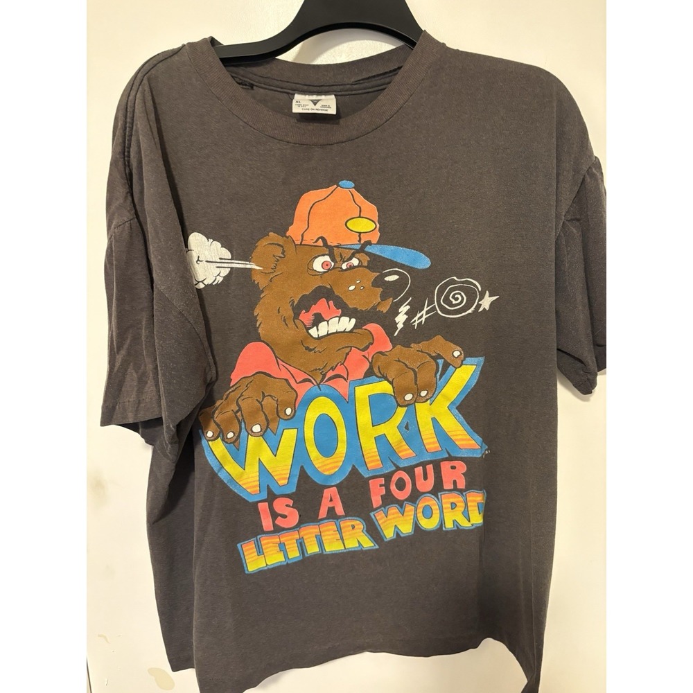 Vintage 90s SSI Work Is A Four Letter Word Black T-shirt Size XL Funny Tee USA